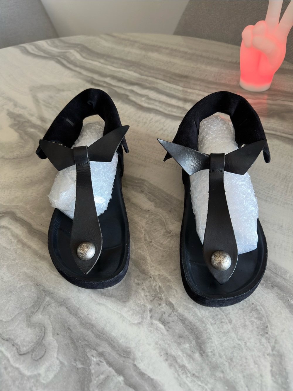 Isabel Marant Elva Black Leather Bow Tie Thong Flat Sandals Women's EU 39